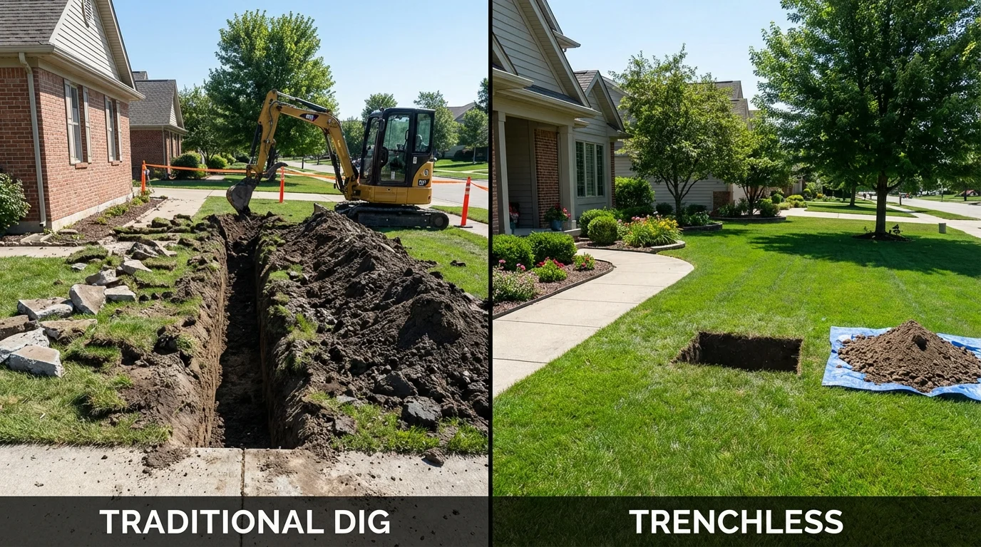 Trenchless sewer repair with minimal yard damage versus traditional excavation in New Market, VA