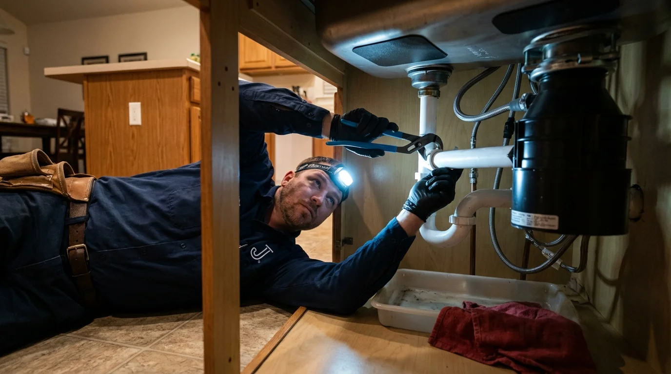 P-trap and supply line connections under a kitchen sink showing a common leak point in New Market, VA